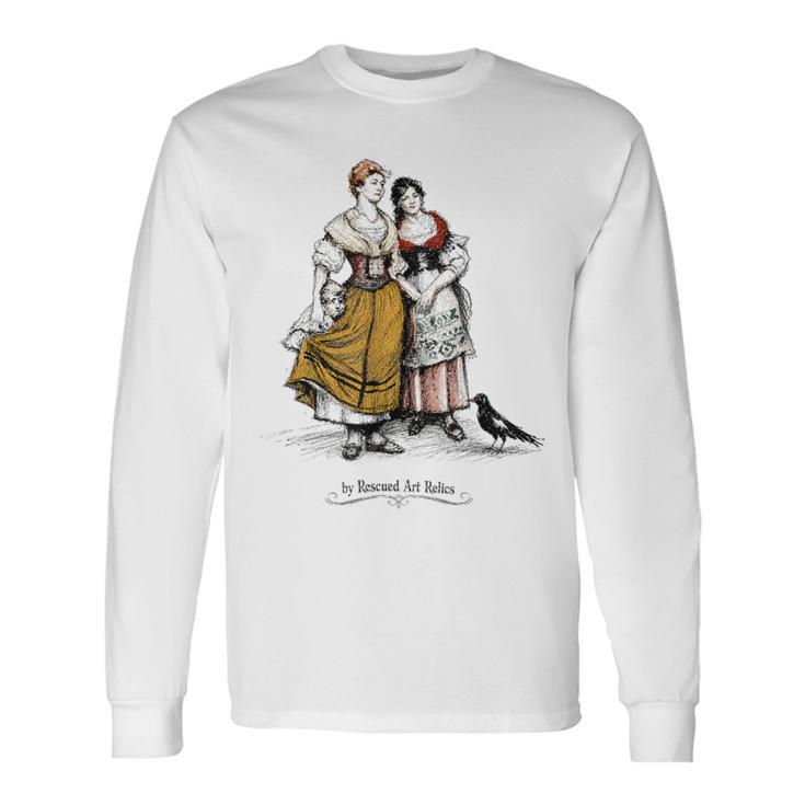 Señorasintage Y Urraca Arte Antiguo Bosquejo Camiseta de manga larga