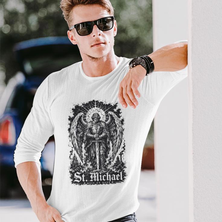 San Miguel Quis Ut Deus Arcángel Protector Camiseta de manga larga Regalos para él