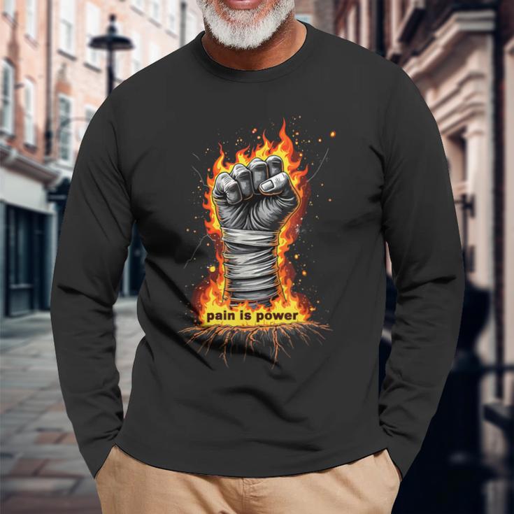 Dolor Es Poder Puño Fuego Boxeo Camiseta de manga larga Regalos para ancianos