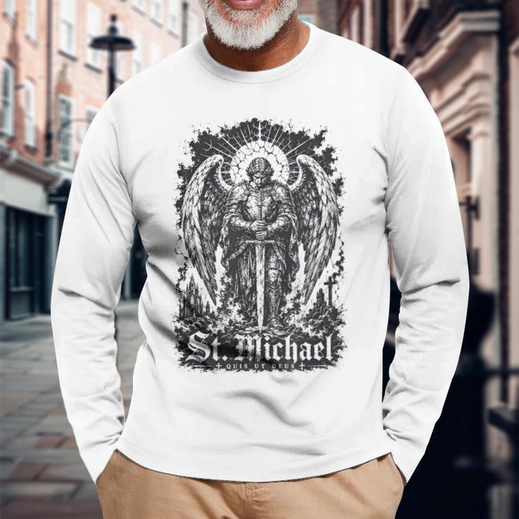 San Miguel Quis Ut Deus Arcángel Protector Camiseta de manga larga Regalos para ancianos