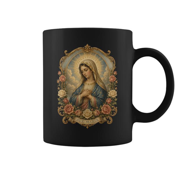 Ave Maria 聖母マリア 花柄 カトリック 祈りの肖像画 コーヒーマグ