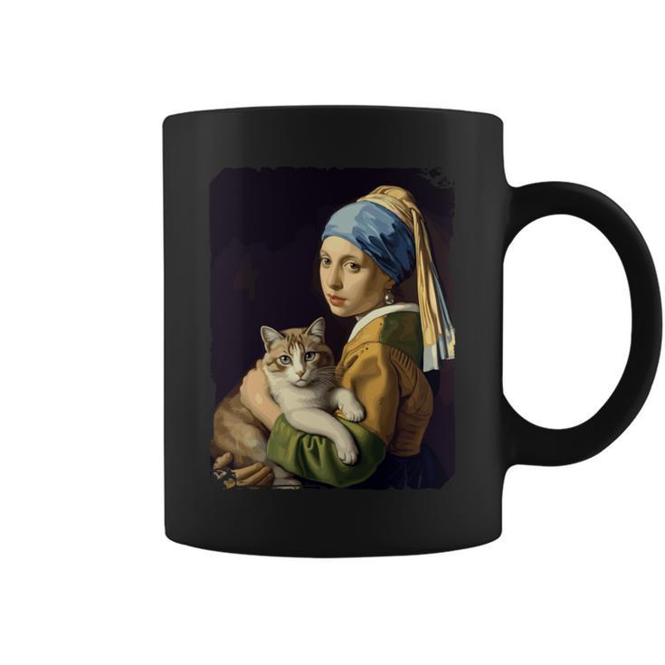 Girl With A Pearl Earring And A Cat 名画パロディ アート猫 長袖tシャツ コーヒーマグ
