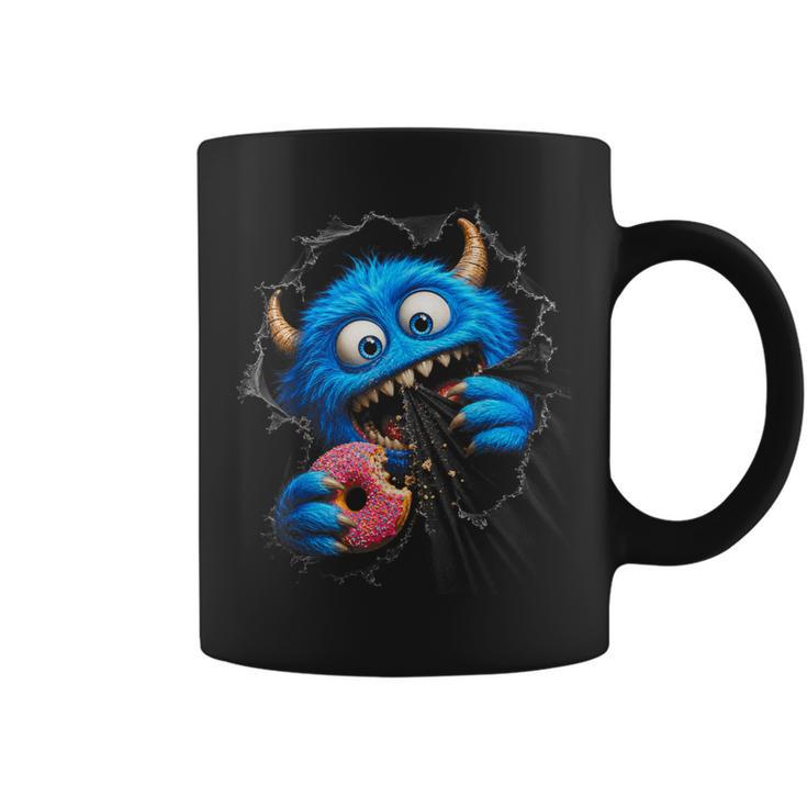 Monstruo Azul Peludo Con Donut Humor Goloso En Ilusión 3D Taza de café