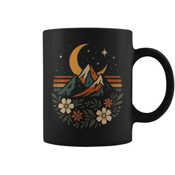 Retro Montaña Y Paisaje Floral Con Luna Taza de café