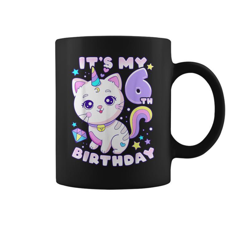 誕生日の女の子6歳、猫、ユニコーン、6歳の誕生日 コーヒーマグ