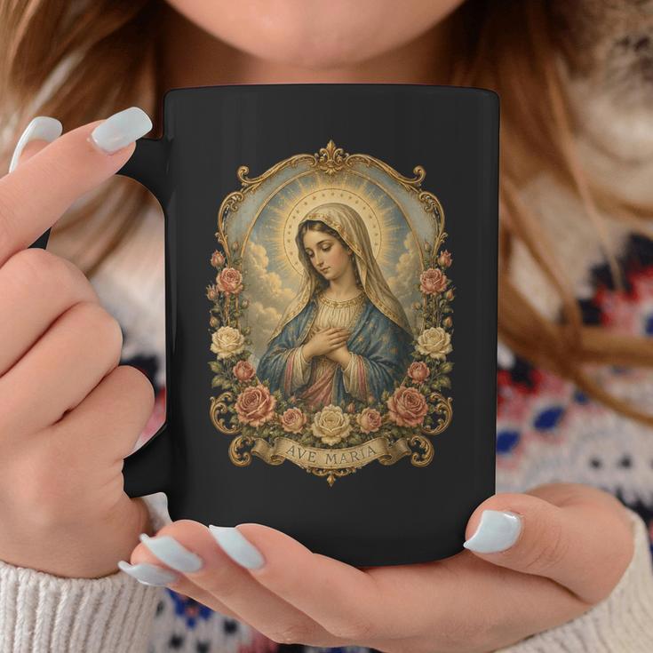 Ave Maria 聖母マリア 花柄 カトリック 祈りの肖像画 コーヒーマグ 面白い贈り物