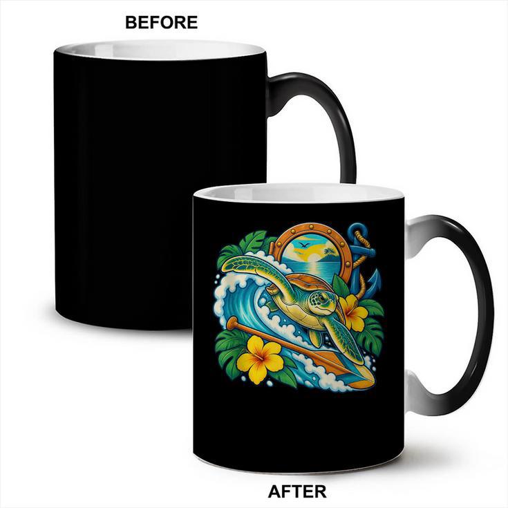Green Sea Turtle Surfs Past a Canoe Paddle Sleeveless Coffee Color Changing Mug