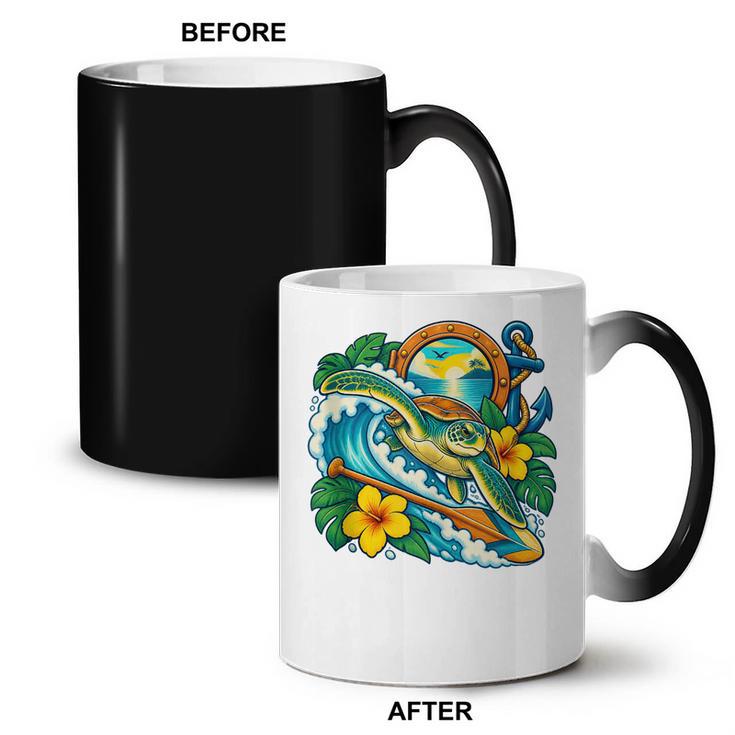 Green Sea Turtle Surfs Past a Canoe Paddle Sleeveless Coffee Color Changing Mug, trending gift