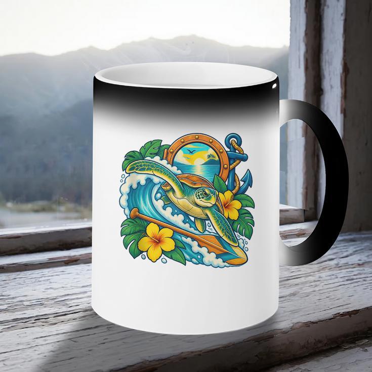 Green Sea Turtle Surfs Past a Canoe Paddle Sleeveless Coffee Color Changing Mug