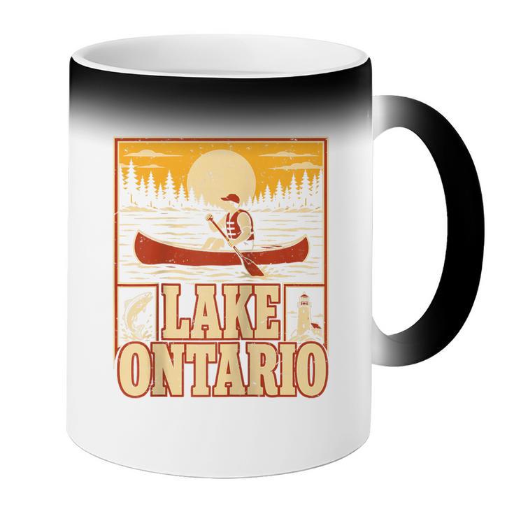 Lake Ontario Canoe Fishing Light House Sunset Retro Raglan Baseball Tee Coffee Color Changing Mug