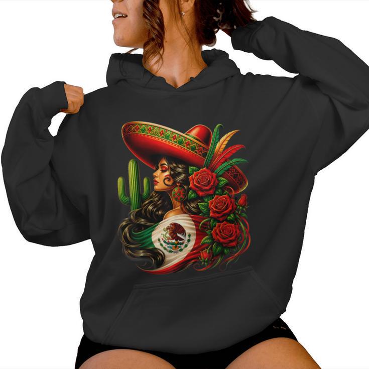 Viva Mexico Mexican Flag Floral Woman Sombrero Fiesta Women Hoodie