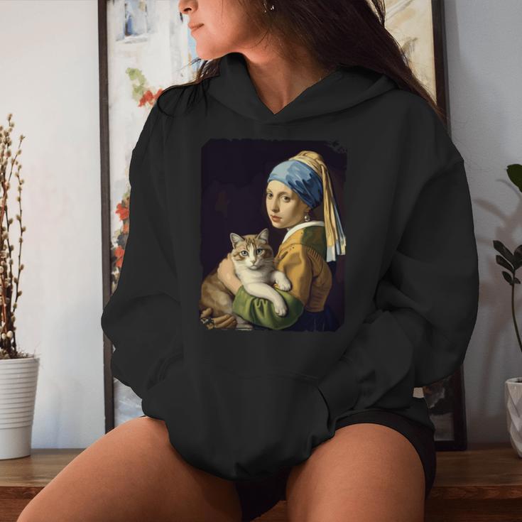 Girl With A Pearl Earring And A Cat 名画パロディ アート猫 長袖tシャツ レディースパーカー 彼女への贈り物