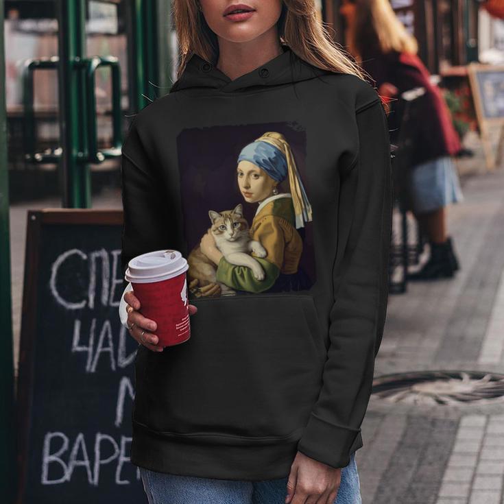 Girl With A Pearl Earring And A Cat 名画パロディ アート猫 長袖tシャツ レディースパーカー 面白い贈り物