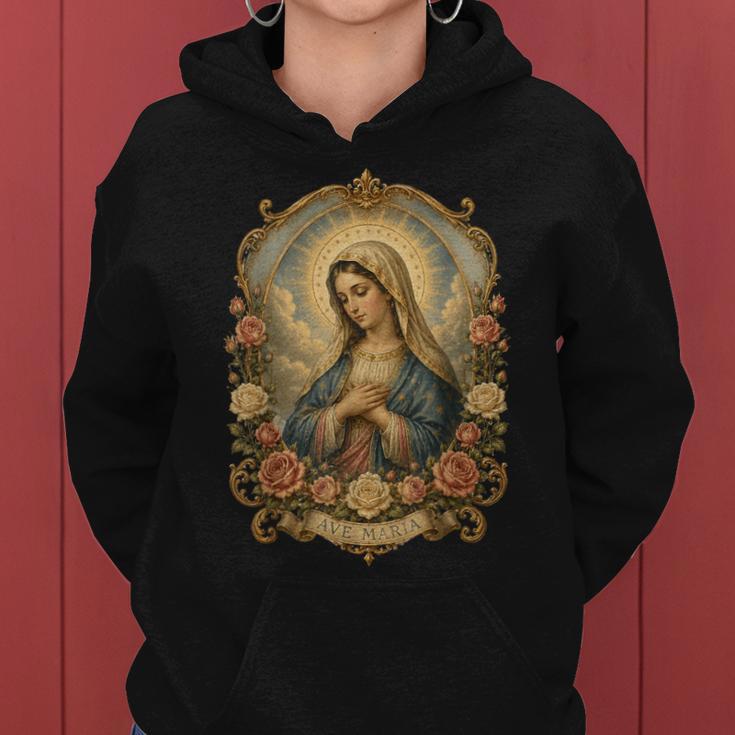 Ave Maria 聖母マリア 花柄 カトリック 祈りの肖像画 レディースパーカー