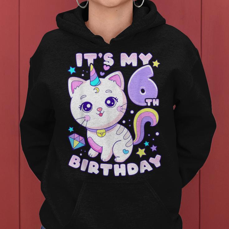 誕生日の女の子6歳、猫、ユニコーン、6歳の誕生日 レディースパーカー