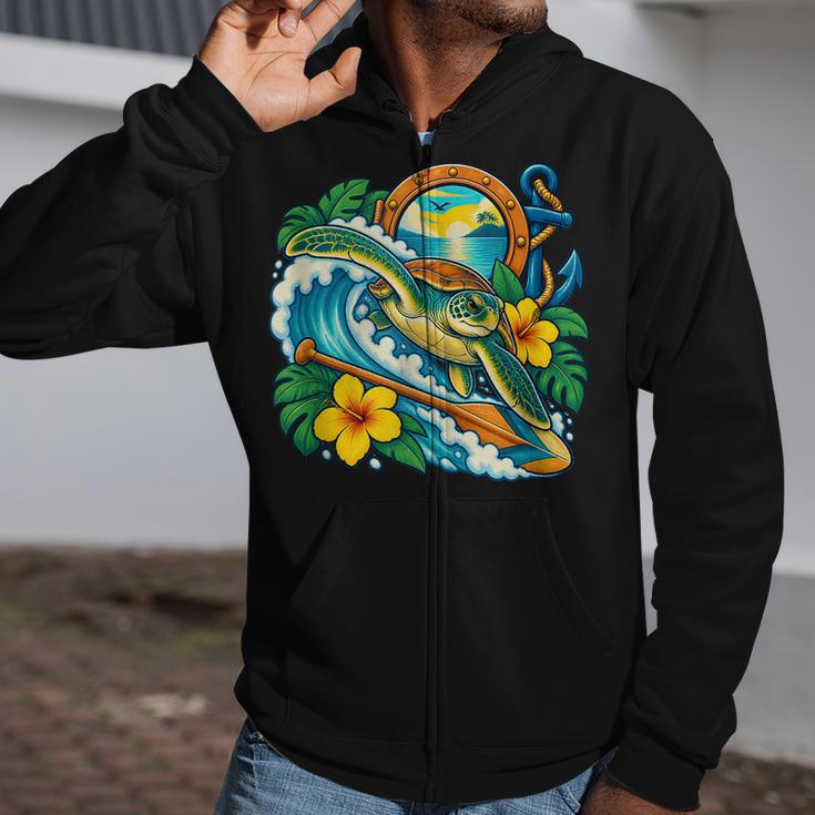 Green Sea Turtle Surfs Past a Canoe Paddle Sleeveless Zip Up Hoodie
