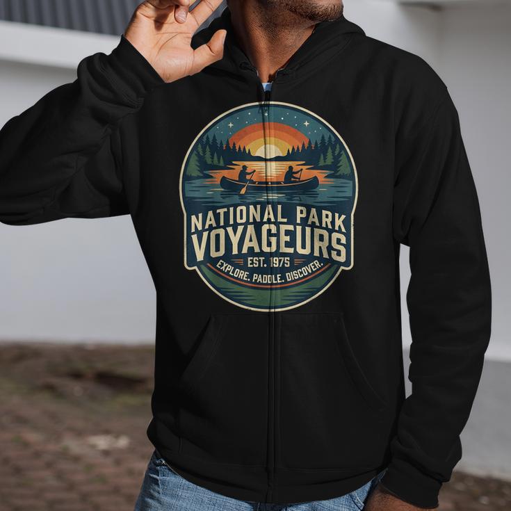 National Park Voyageurs Retro Sunset Canoe Paddling Badge Zip Up Hoodie