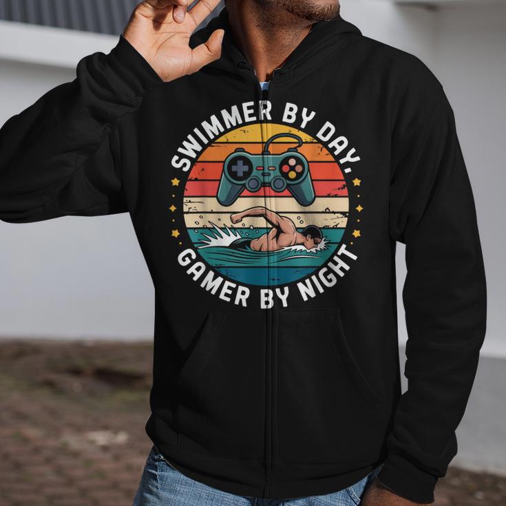 Swimmer By Day Gamer By Night Swimming Vintage Gaming Swim Zip Up Hoodie Swimmer By Day Gamer By Night Swimming Vintage Gaming Swim Zip Up Hoodie