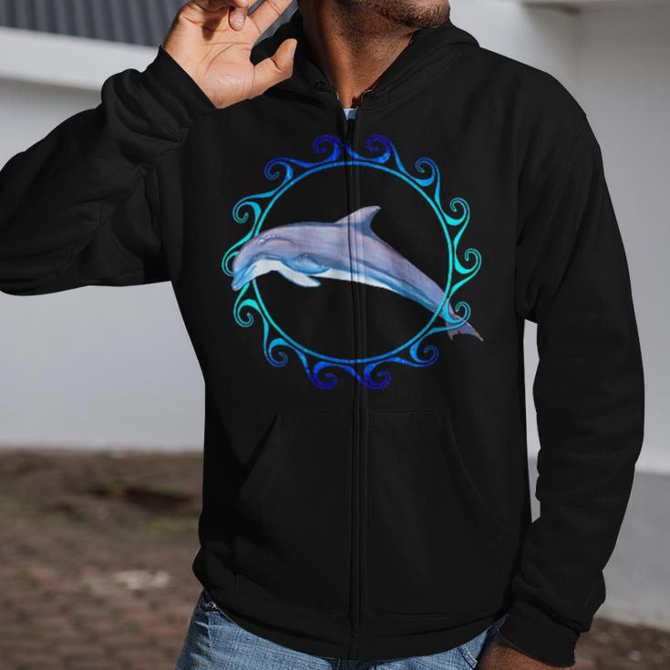 Swimming Dolphin Maori Sun Tribal Waves 2-Sided Zip Up Hoodie