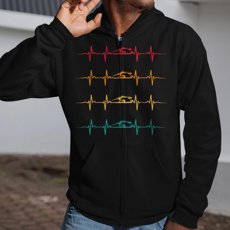Swimming Swimmer Heartbeat Vintage Men Boys Women Swim Lover Zip Up Hoodie