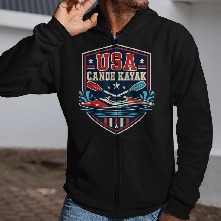 USA Canoe Kayak Paddling American Flag Emblem Zip Up Hoodie