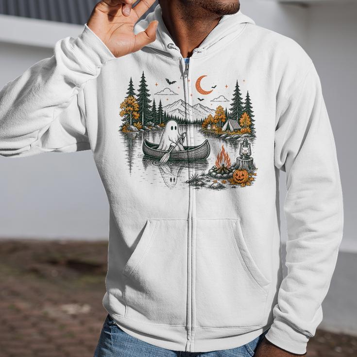 Canoe Ghost Camping Ghost Lake Halloween Spooky Fall Camping Zip Up Hoodie