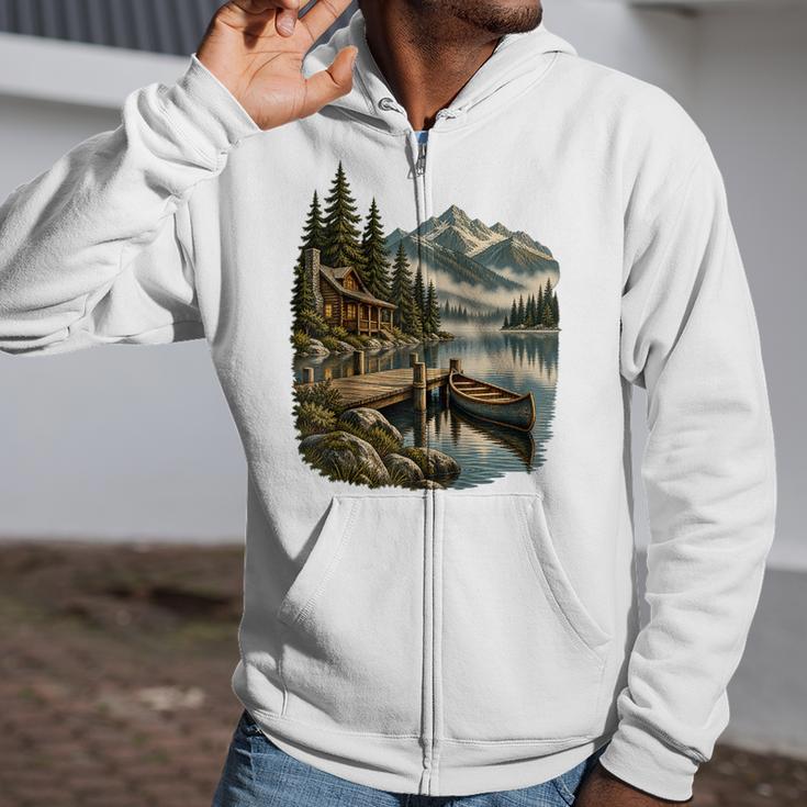 Lakeside Canoe Cabin Escape Scene Raglan Baseball Tee Zip Up Hoodie Lakeside Canoe Cabin Escape Scene Raglan Baseball Tee Zip Up Hoodie