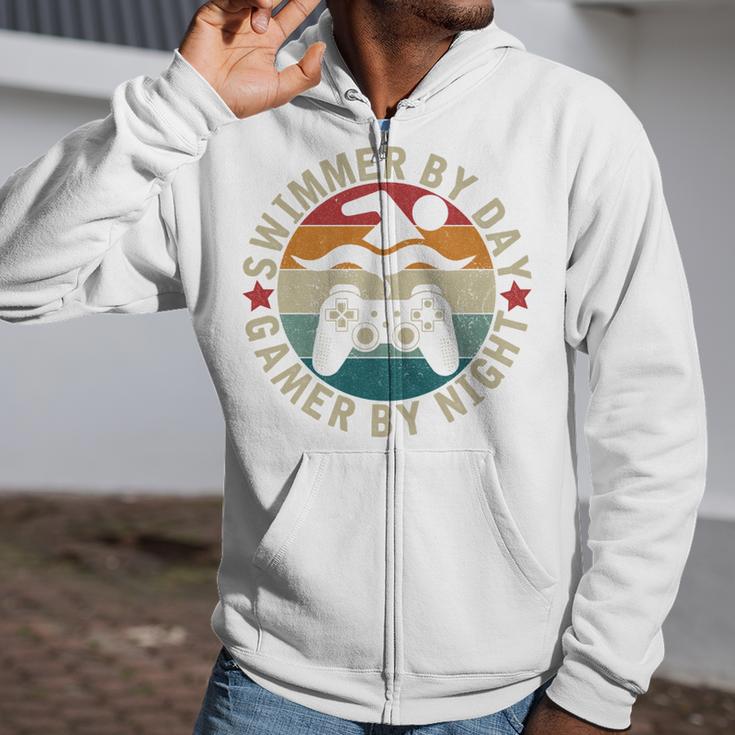 Swimmer By Day Gamer By Night Swimming Swim Gaming Zip Up Hoodie