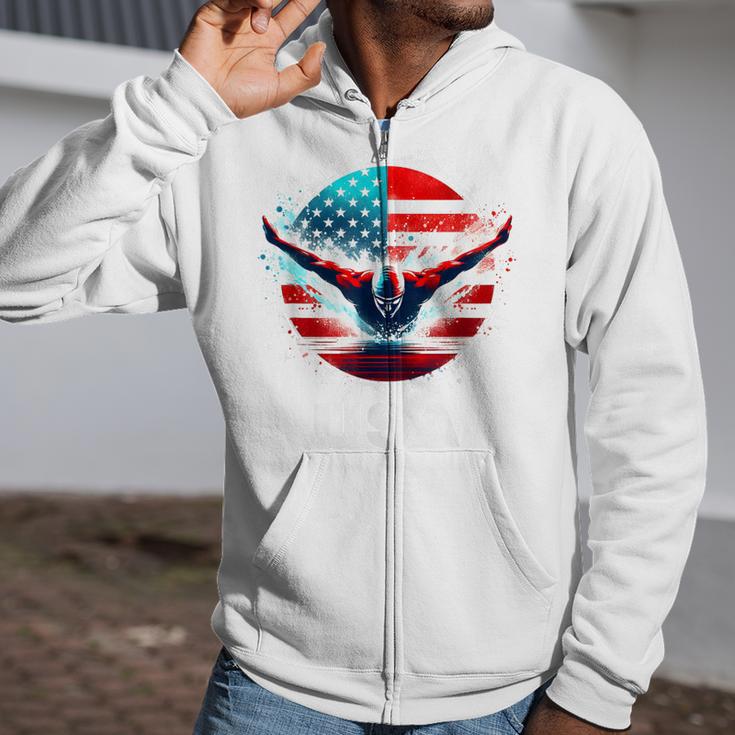 Swimming United States Shirt With American Flag Swimming Zip Up Hoodie