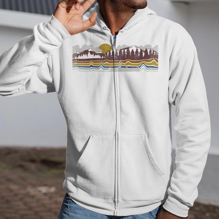 Trendy Canoe Silhouette Colourful Landscape Raglan Baseball Tee Zip Up Hoodie