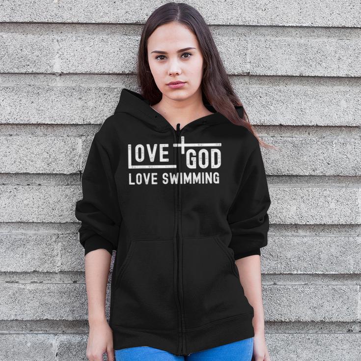 Love God Love Swimming Swim With Jesus For Christian Athlete Zip Up Hoodie