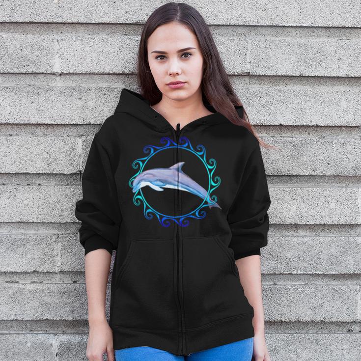 Swimming Dolphin Maori Sun Tribal Waves 2-Sided Zip Up Hoodie