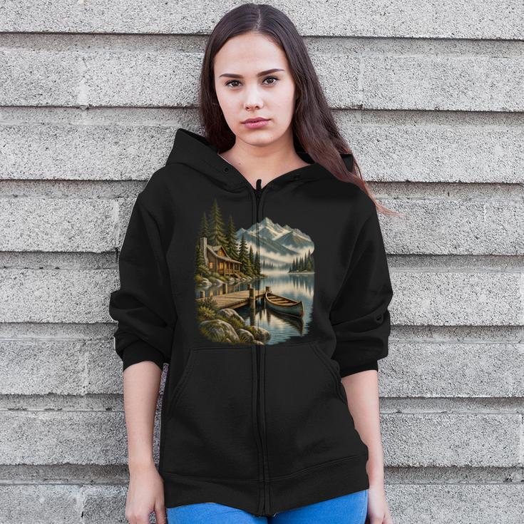 Women's Lakeside Canoe Cabin Escape Scene Zip Up Hoodie