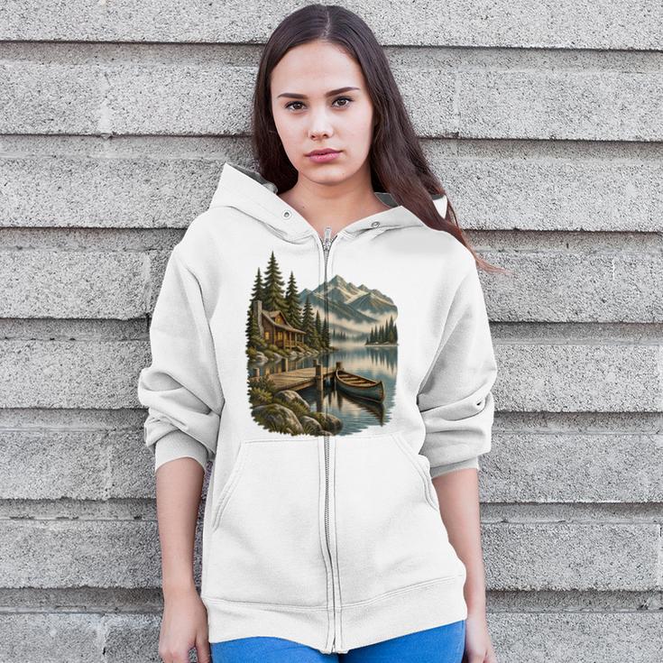 Lakeside Canoe Cabin Escape Scene Raglan Baseball Tee Zip Up Hoodie Lakeside Canoe Cabin Escape Scene Raglan Baseball Tee Zip Up Hoodie