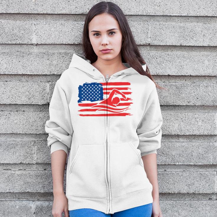Vintage American Flag Swim Team Swimmer Funny Swimming Gift Zip Up Hoodie