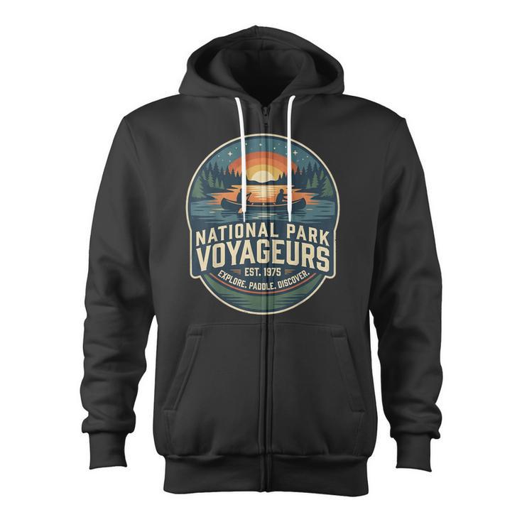 National Park Voyageurs Retro Sunset Canoe Paddling Badge Zip Up Hoodie