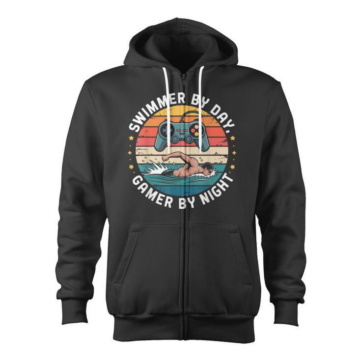 Swimmer By Day Gamer By Night Swimming Vintage Gaming Swim Zip Up Hoodie