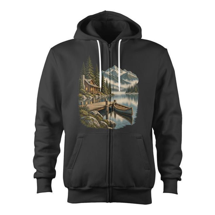 Women's Lakeside Canoe Cabin Escape Scene Zip Up Hoodie