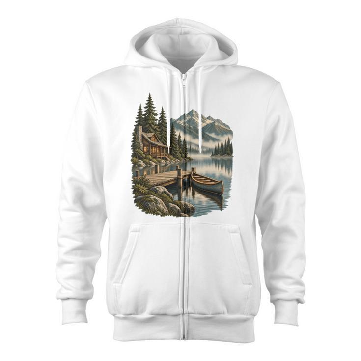Lakeside Canoe Cabin Escape Scene Zip Up Hoodie
