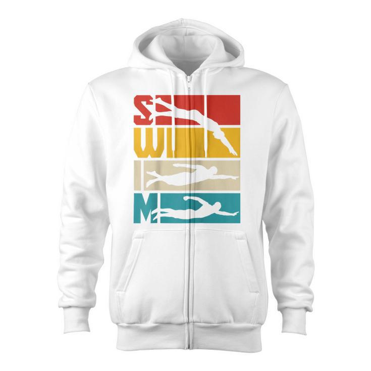 Swim Swimming Vintage Retro Swimmer Raglan Baseball Tee Zip Up Hoodie