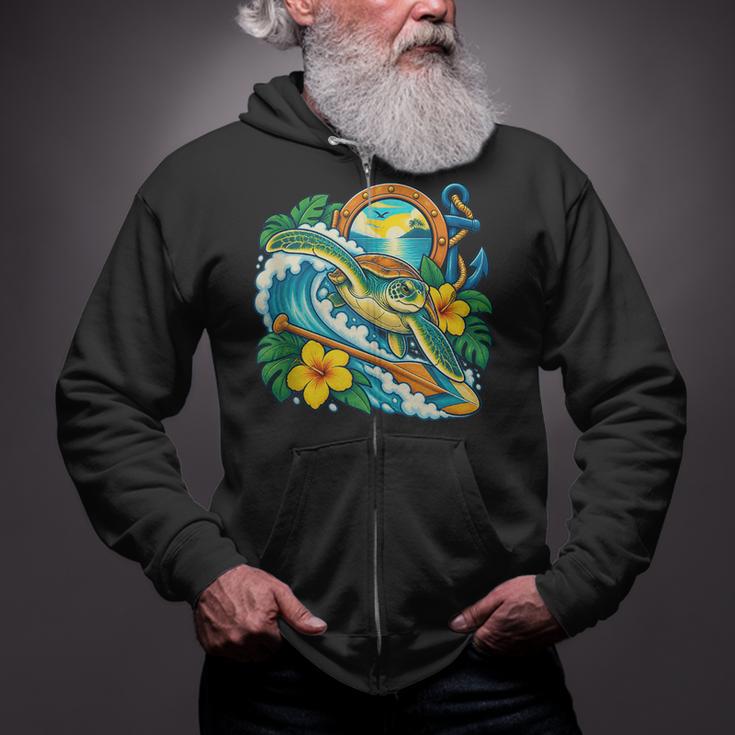 Green Sea Turtle Surfs Past a Canoe Paddle Sleeveless Zip Up Hoodie