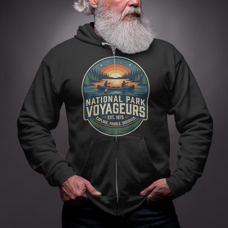 National Park Voyageurs Retro Sunset Canoe Paddling Badge Zip Up Hoodie