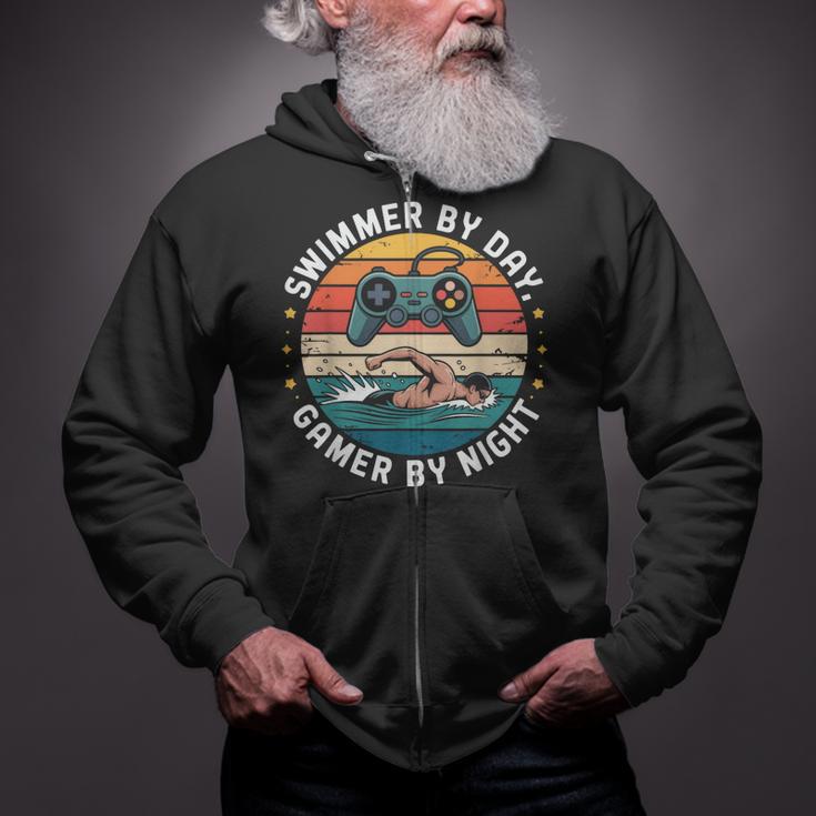 Swimmer By Day Gamer By Night Swimming Vintage Gaming Swim Zip Up Hoodie Swimmer By Day Gamer By Night Swimming Vintage Gaming Swim Zip Up Hoodie