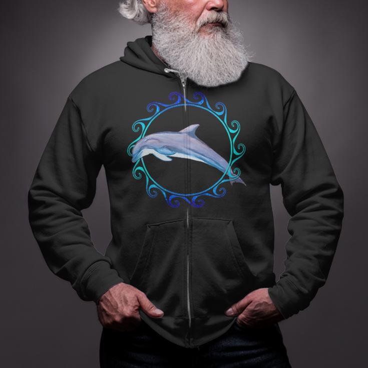 Swimming Dolphin Maori Sun Tribal Waves 2-Sided Zip Up Hoodie