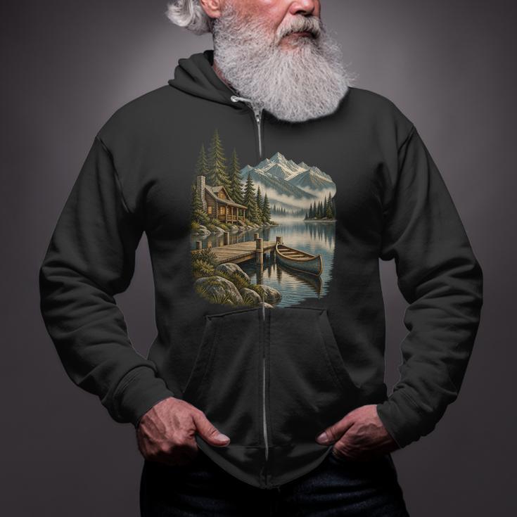 Women's Lakeside Canoe Cabin Escape Scene Zip Up Hoodie