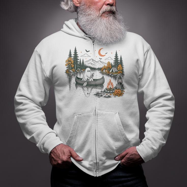 Canoe Ghost Camping Ghost Lake Halloween Spooky Fall Camping Zip Up Hoodie