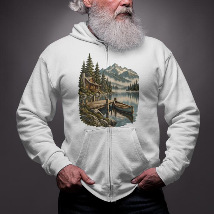 Lakeside Canoe Cabin Escape Scene Raglan Baseball Tee Zip Up Hoodie Lakeside Canoe Cabin Escape Scene Raglan Baseball Tee Zip Up Hoodie