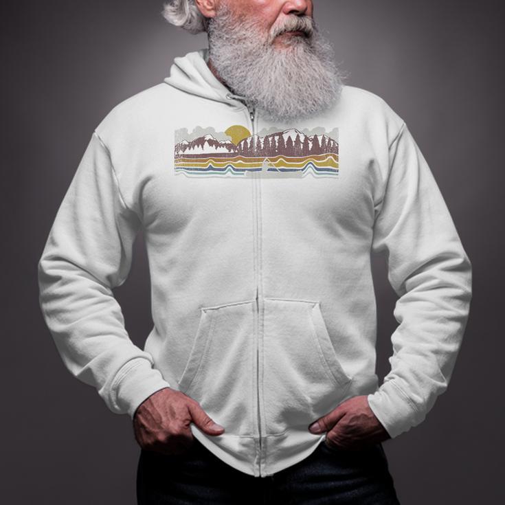 Trendy Canoe Silhouette Colourful Landscape Raglan Baseball Tee Zip Up Hoodie