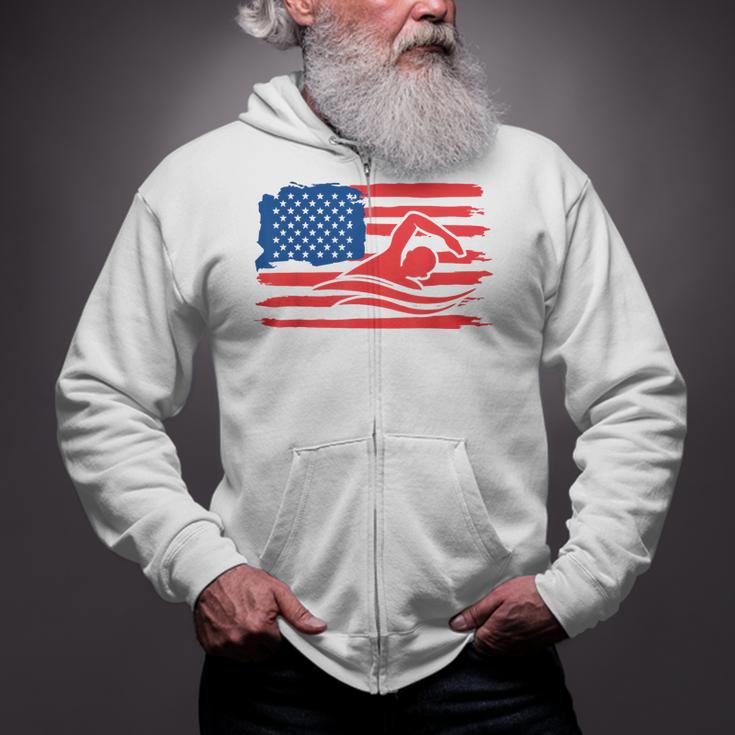 Vintage American Flag Swim Team Swimmer Funny Swimming Gift Zip Up Hoodie