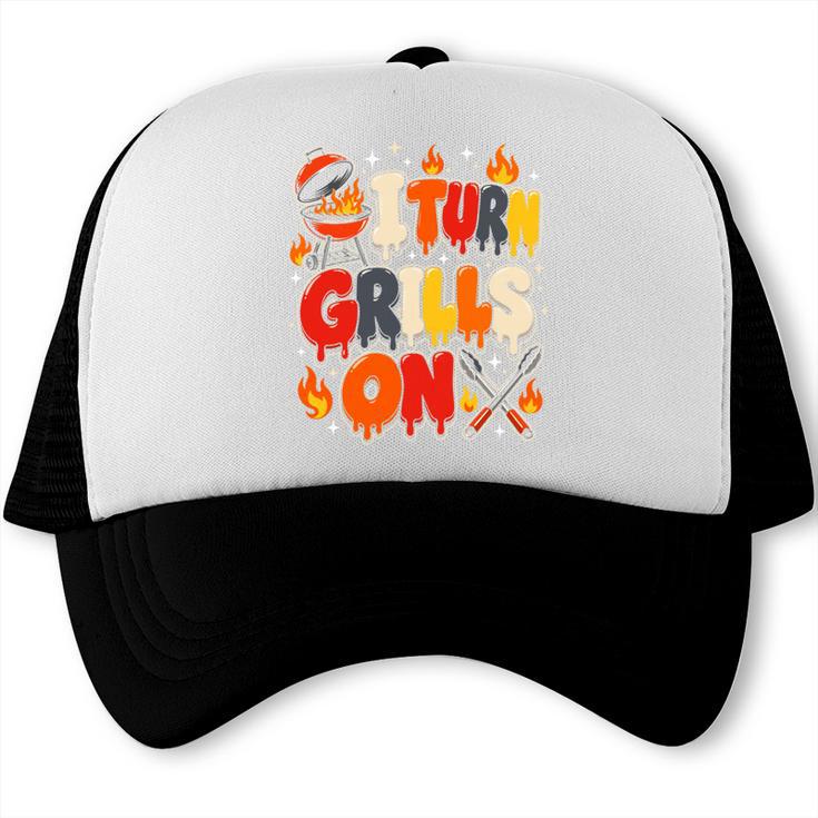 I Turn Grills On Grilling Dad BBQ Dad Humor Comfort Colors Crop Top Trucker Cap, trending gift
